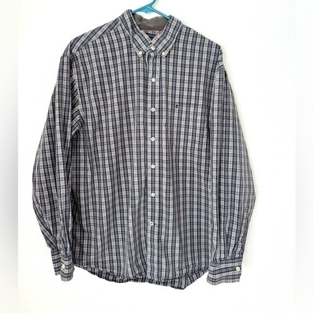 Izod Button Front Shirt Men’s XL Blue Plaid Lightweight Long Sleeve Casual Top
